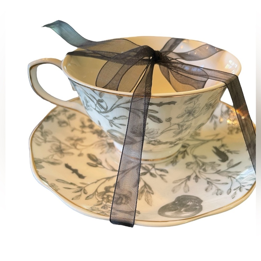Park Chateau Teacup & Saucer Gothic Skull Raven Bat Floral Gold Trim NWT